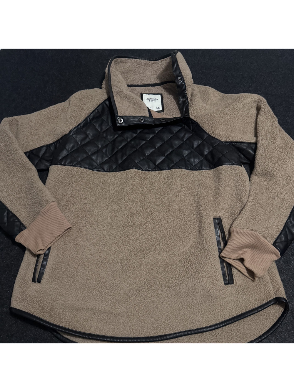 Abercrombie & Fitch Medium M Sherpa Fleece Snap Pullover Sweater Tan Black